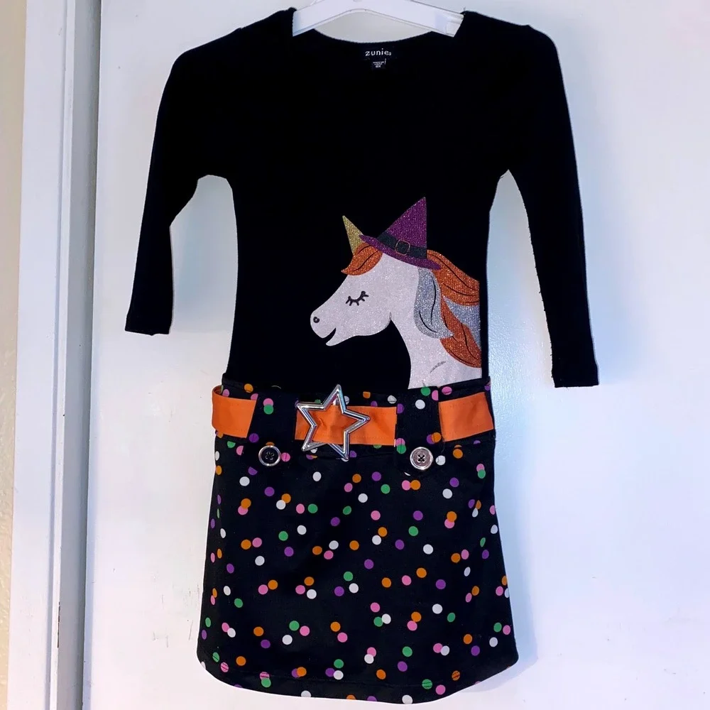 Girls 6x Halloween Dress Black Witch Unicorn Glitter Star Belt Polka Dot